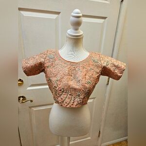 NEW Free People Boho Embroidered Gold Floral Pink Peach Embroidered Crop Top XS